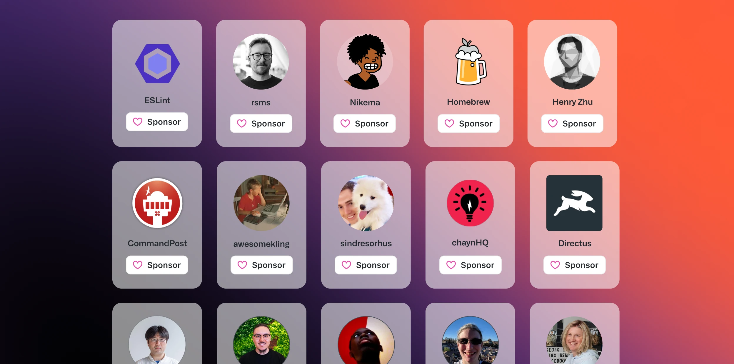 Screenshot of GitHub Sponsors cards, displaying various open-source projects and individuals available for sponsorship. Each card includes the project or individual's name, an avatar or logo, and a 'Sponsor' button with a heart icon. The background features a gradient transitioning from dark purple to bright orange.